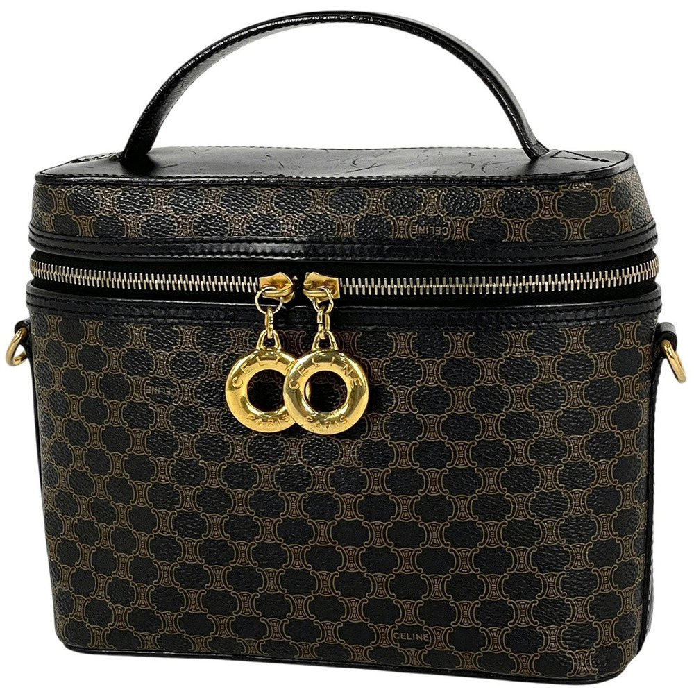 Celine Macadam Vanity Bag Circle Makeup Pouch Clutch Canvas Black Brown